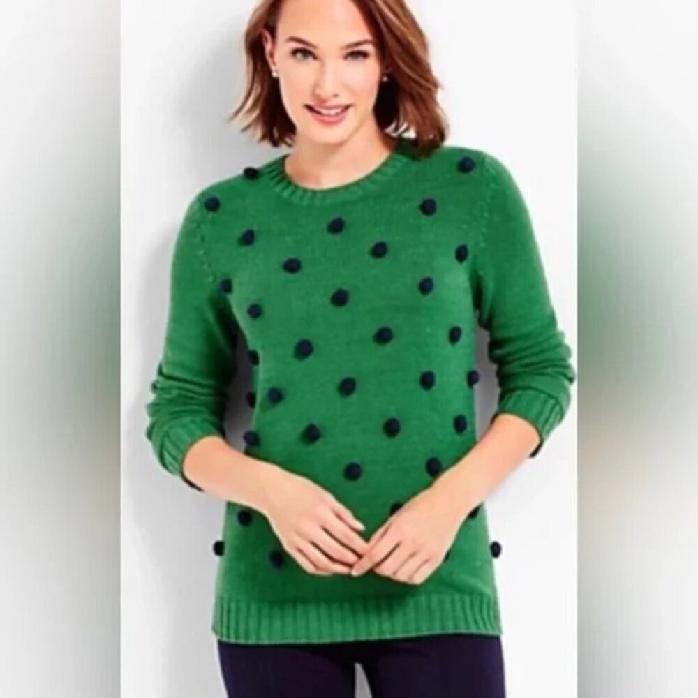 Talbots Petite Womens Size P Pom Pom Detail Long Sleeve Sweater in Green‎ 680